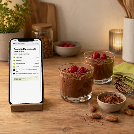 Két pohár csokoládémousse, mellette a telefonon a recept: 5 perc, 3,8 g nettó szénhidrát adagonként.