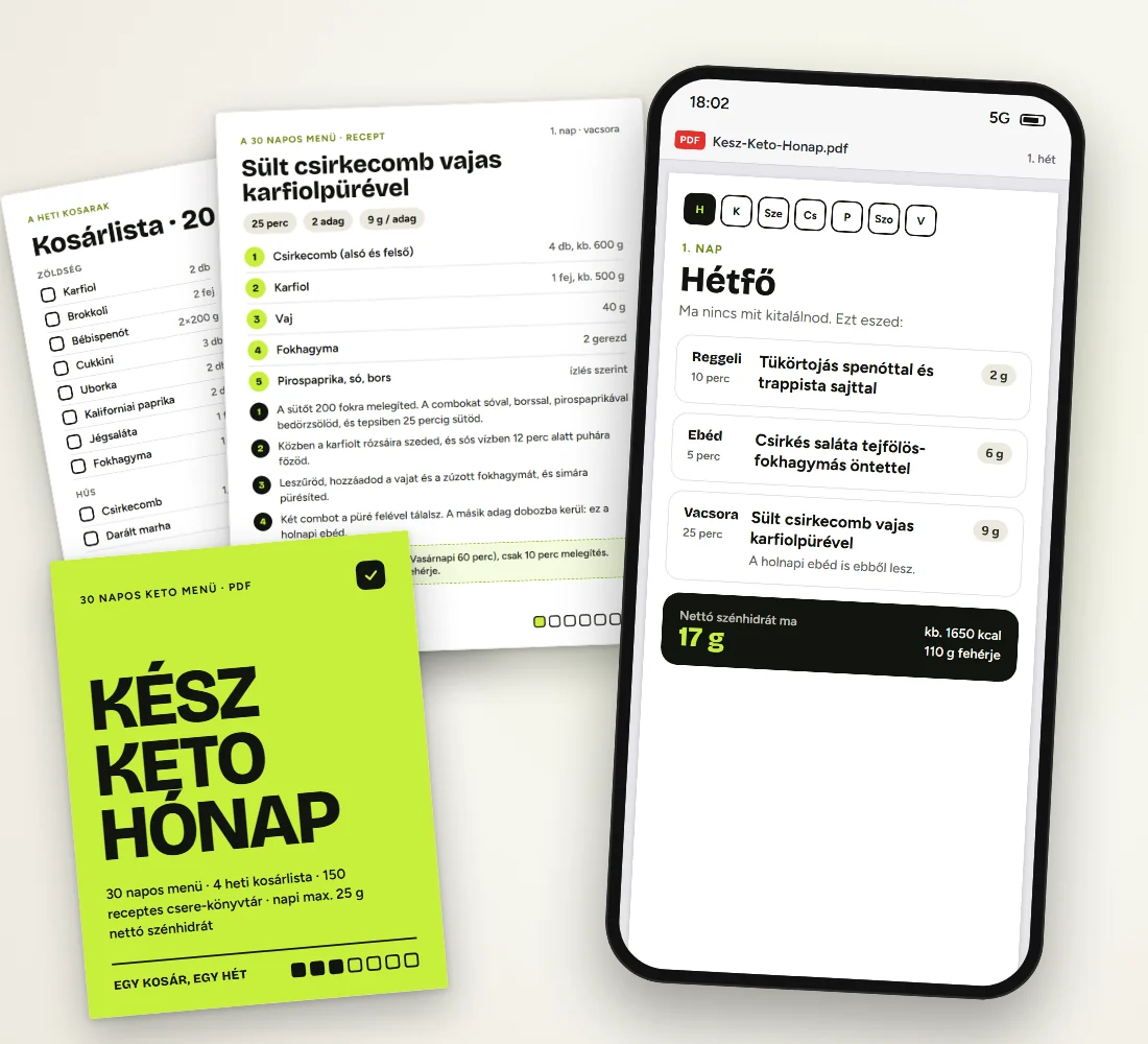 A Kész Keto Hónap PDF-ben a telefonon: az 1. nap menüje 17 g nettó szénhidráttal; mellette a lime színű borító, kinyomtatva a recept és a kosárlista.