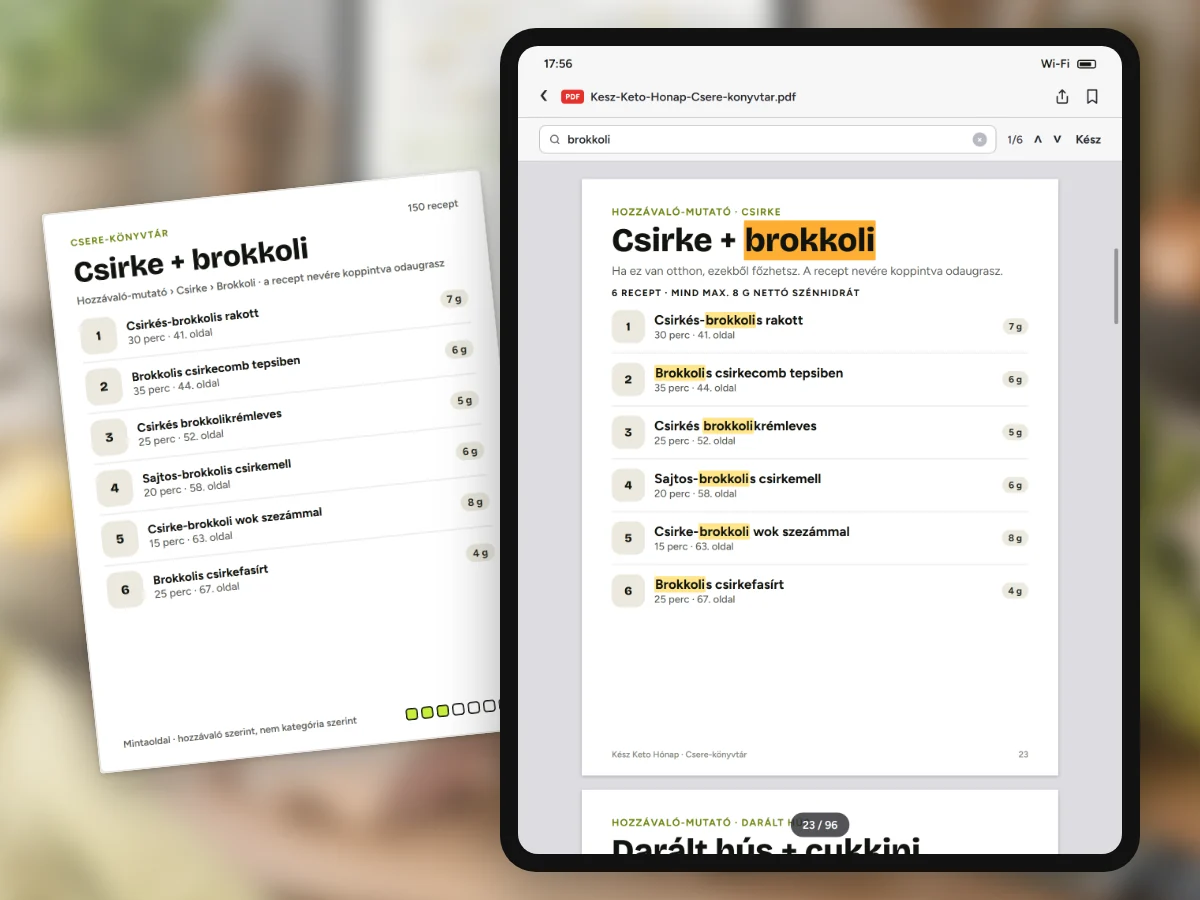 A csere-könyvtár PDF-ben a tableten, a PDF-olvasó keresőjével: a „brokkoli” 6 találata kiemelve a 23. oldalon; mellette ugyanez az oldal kinyomtatva.