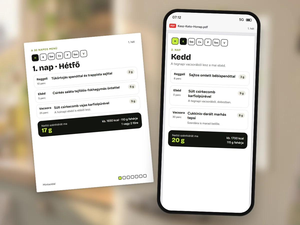 A 30 napos menü PDF-ben: a telefonon a 2. nap, mellette kinyomtatva az 1. nap oldala.